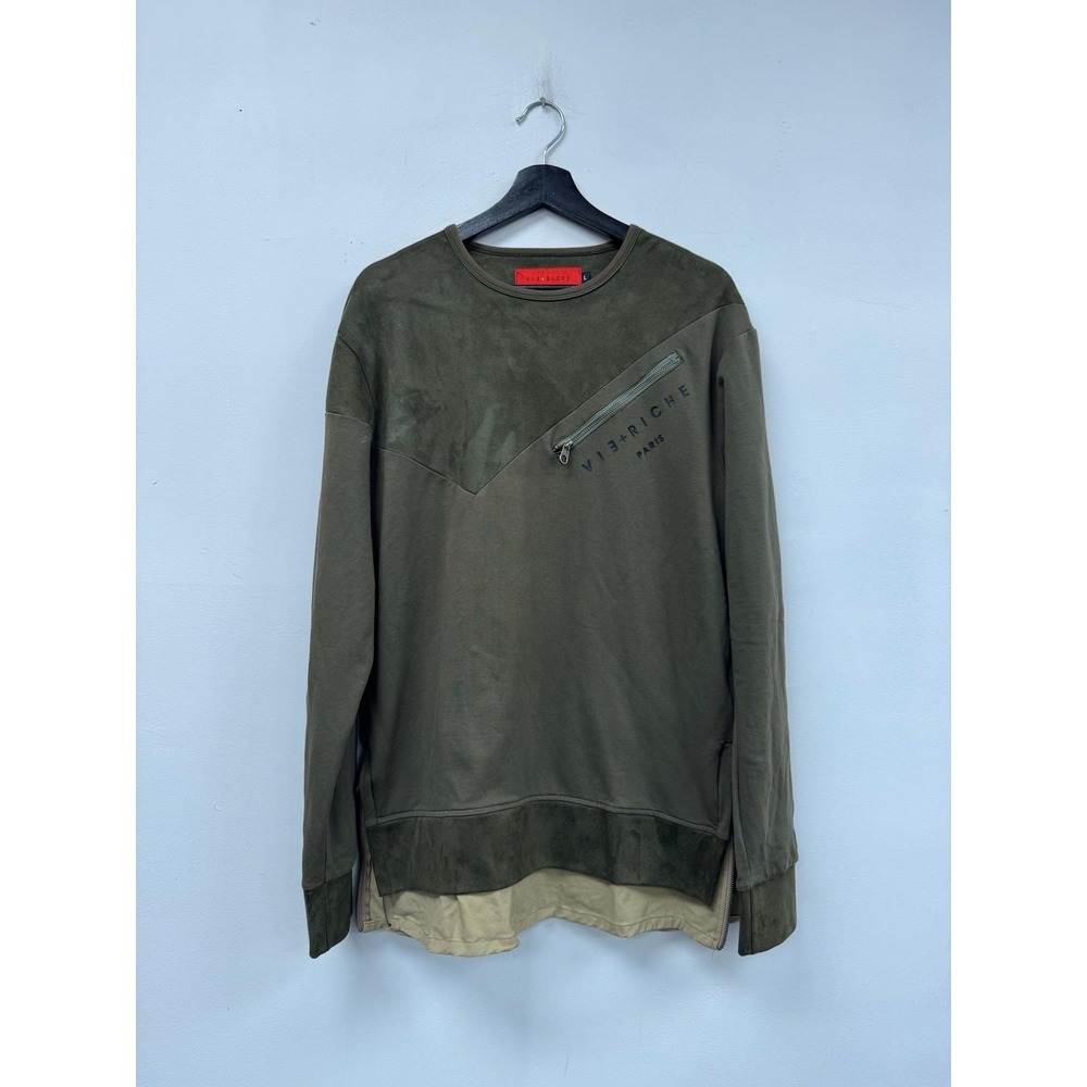 VIE+RICHE Sweatshirt Mens Large Green Layered‎ Hem Zip Pocket Pullover Crewneck